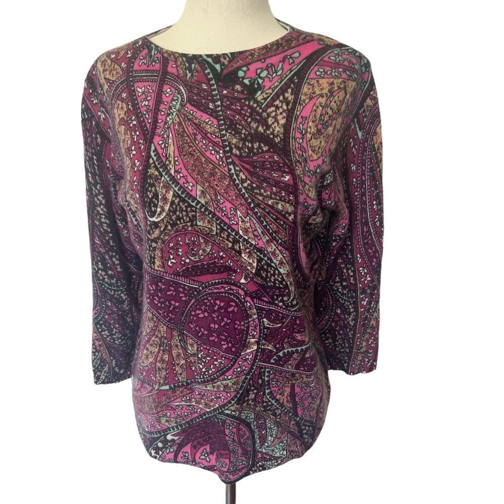Talbots Petite Cashmere Paisley Sweater Burgundy and Pinks Medium